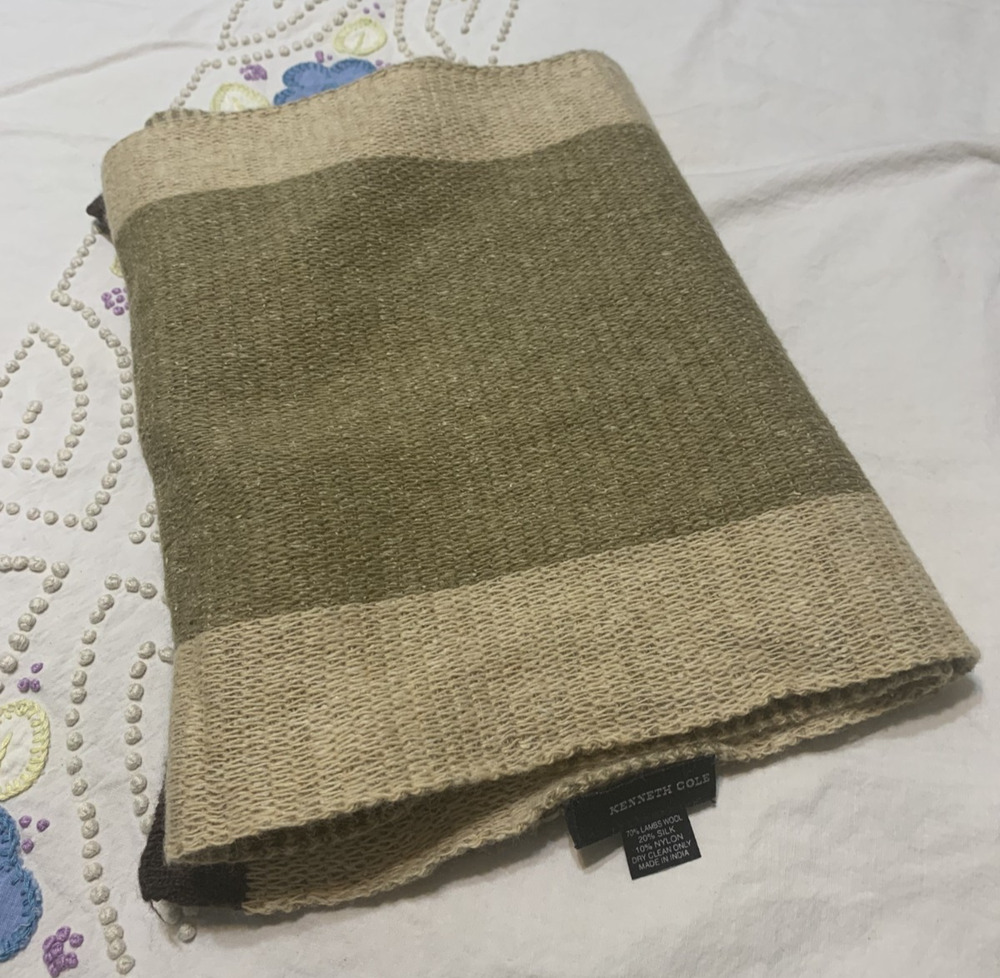 Vintage Kenneth Cole Wool Silk Blend Scarf Colorblock Green Camel 12 x68 in.